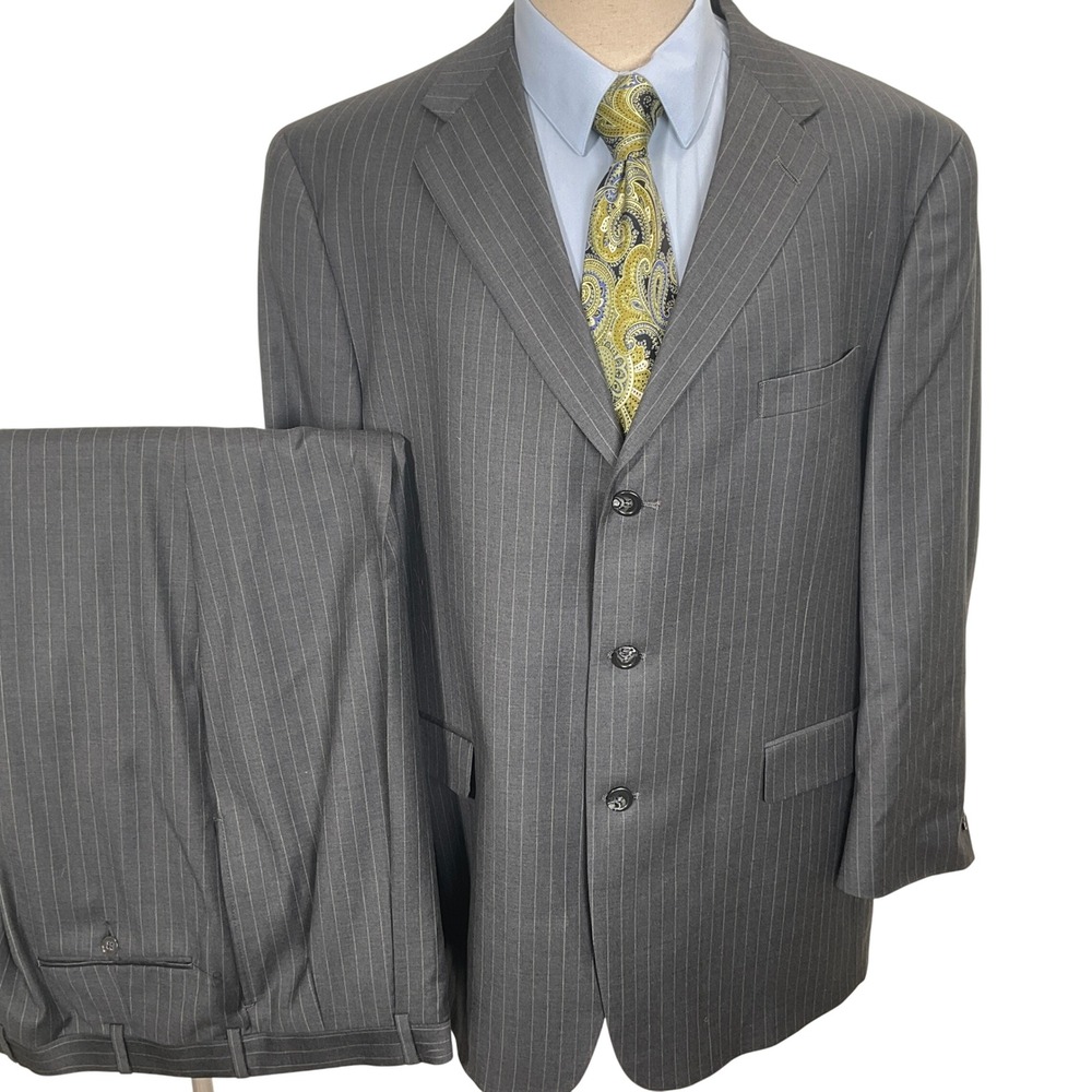 Austin Reed London Suit Mens 48R 37W 30L Charcoal Pinstripe 90s 3 Button Wool